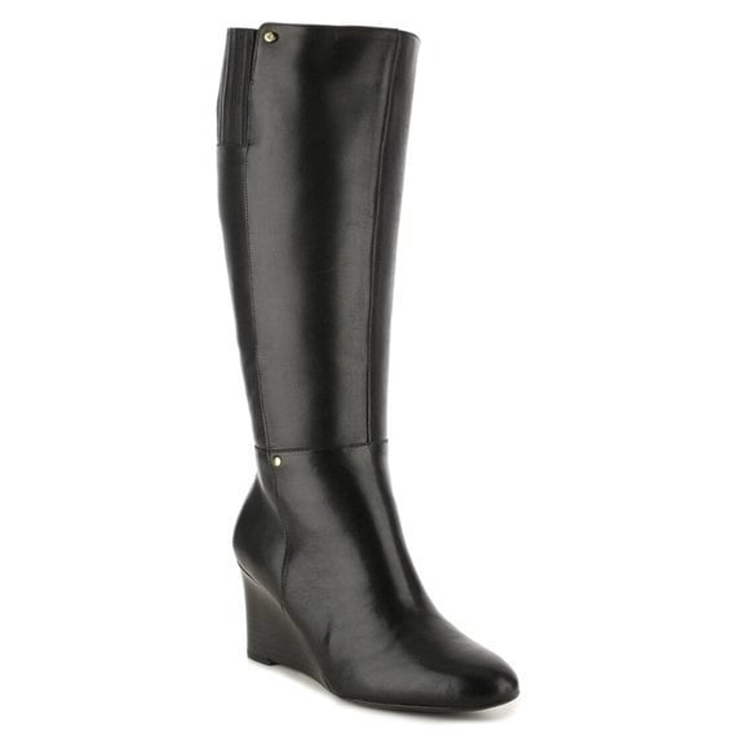 Ralph Lauren Tamora knee-high wedge leather boots in black Size 7.5