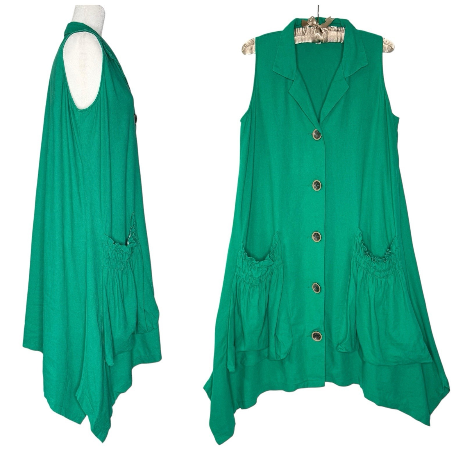 For Cynthia M Linen Asymmetrical Lagenlook Smock Dress Artsy Apron Pockets Green