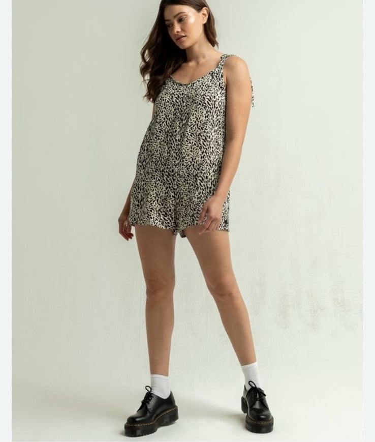 Hurley Womens Naturals Tie Strap Romper Jumpsuit Animal Leopard Print Small