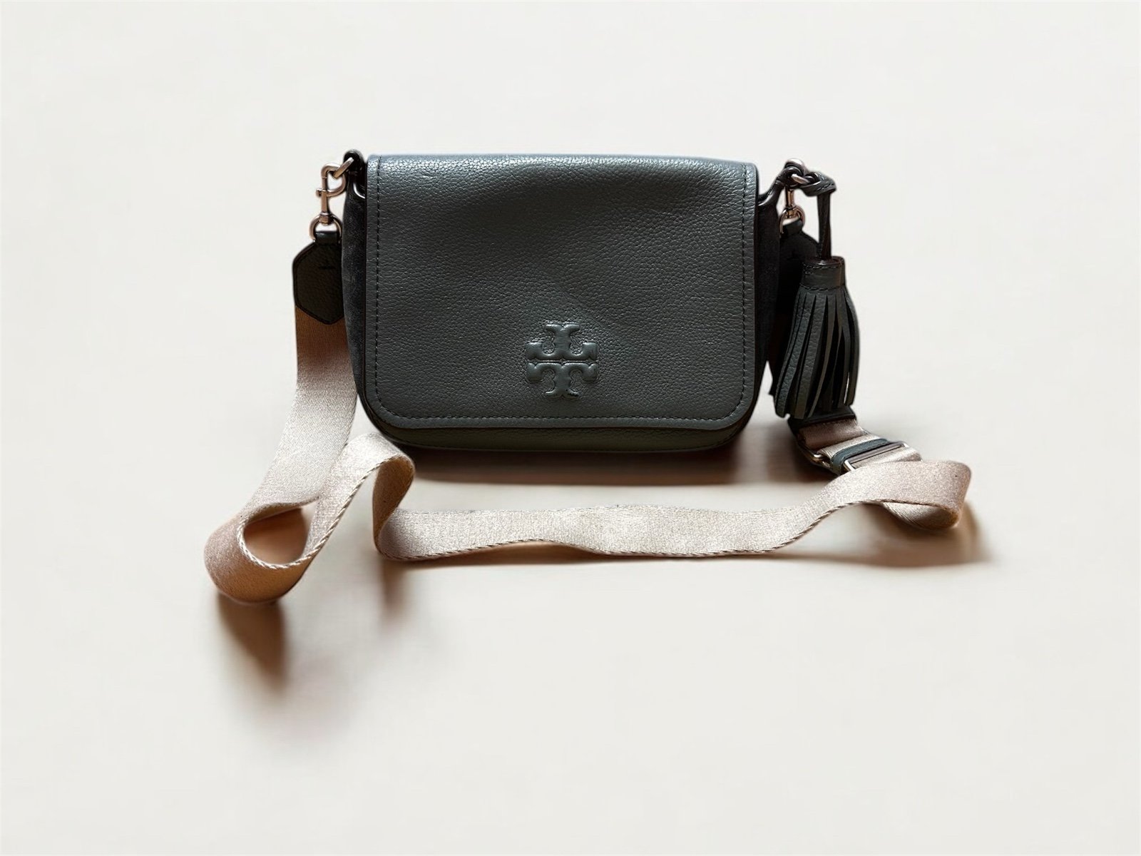 TORY BURCH Thea Leather Suede Flap Crossbody Artic Extra Strap