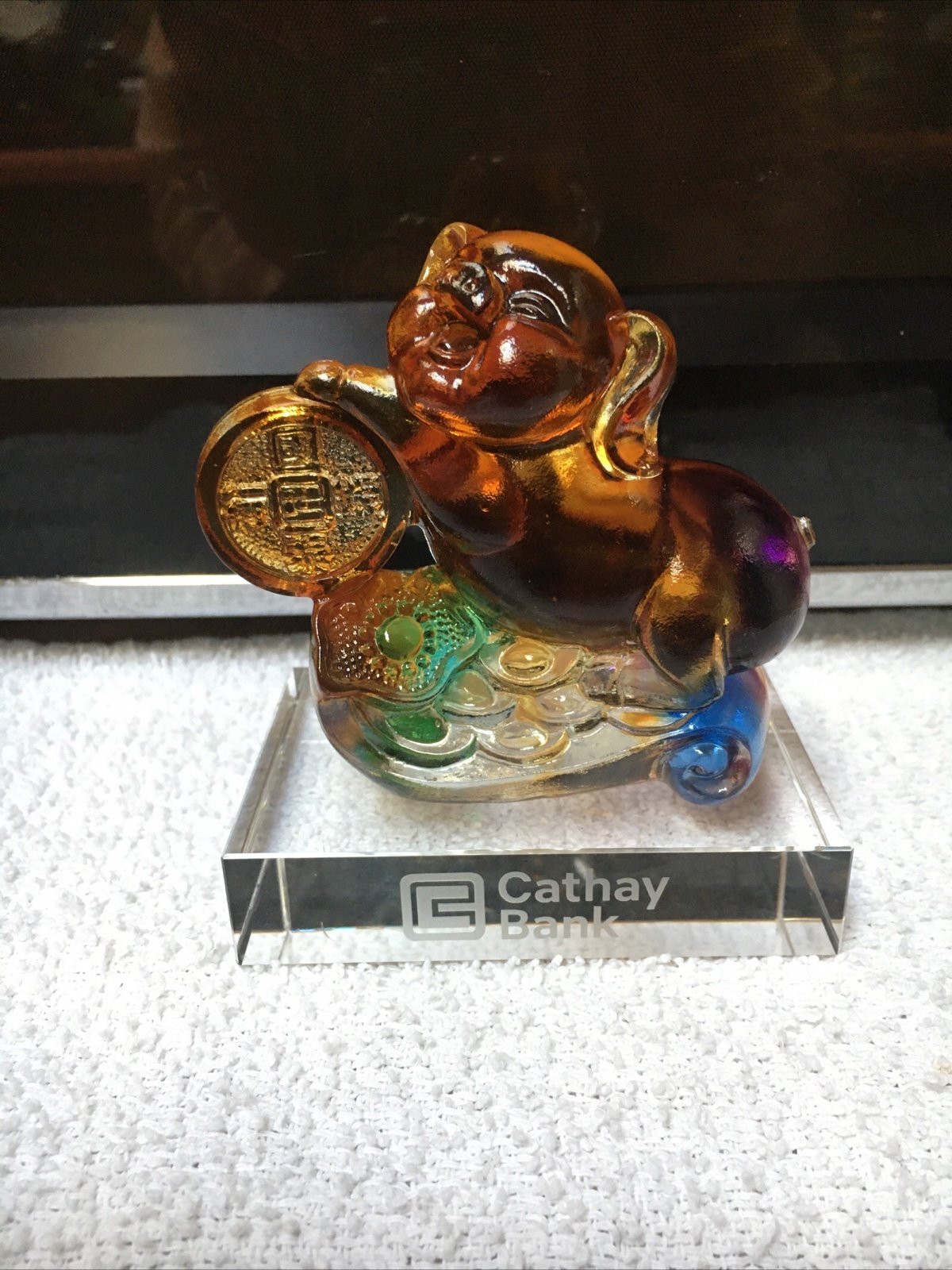 Glass Cathay Bank Lucky Pig paperweight