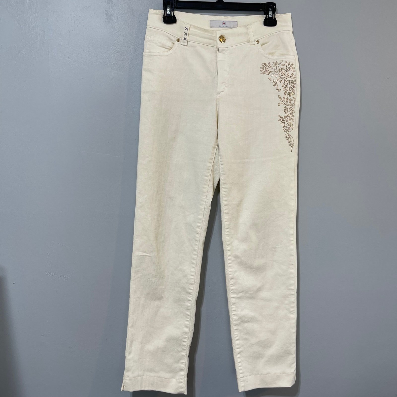 Dismero Vermoda Spa Jeans 30 Italy Ivory Mid Rise Stretch Women's Gold Details