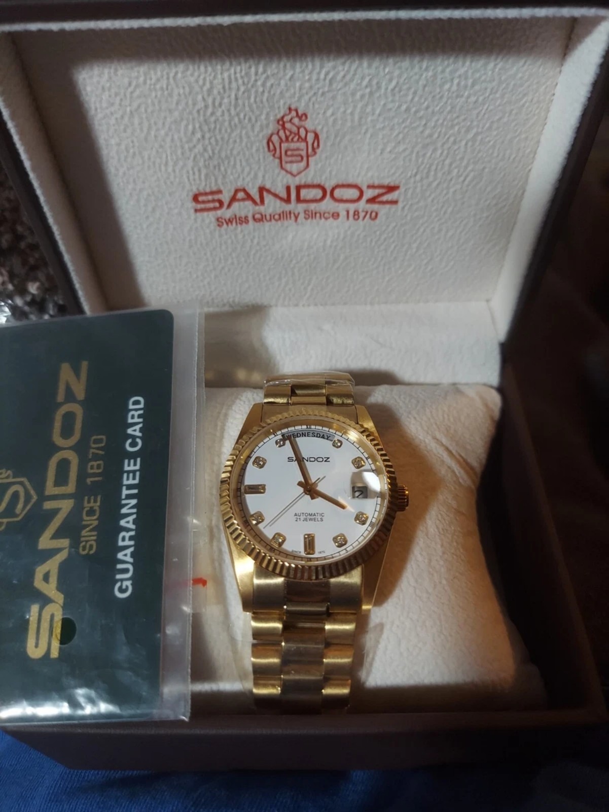 Mens Sandoz Automatic Day-Date White Dial Stainless Steel Watch, 36mm, Brand New