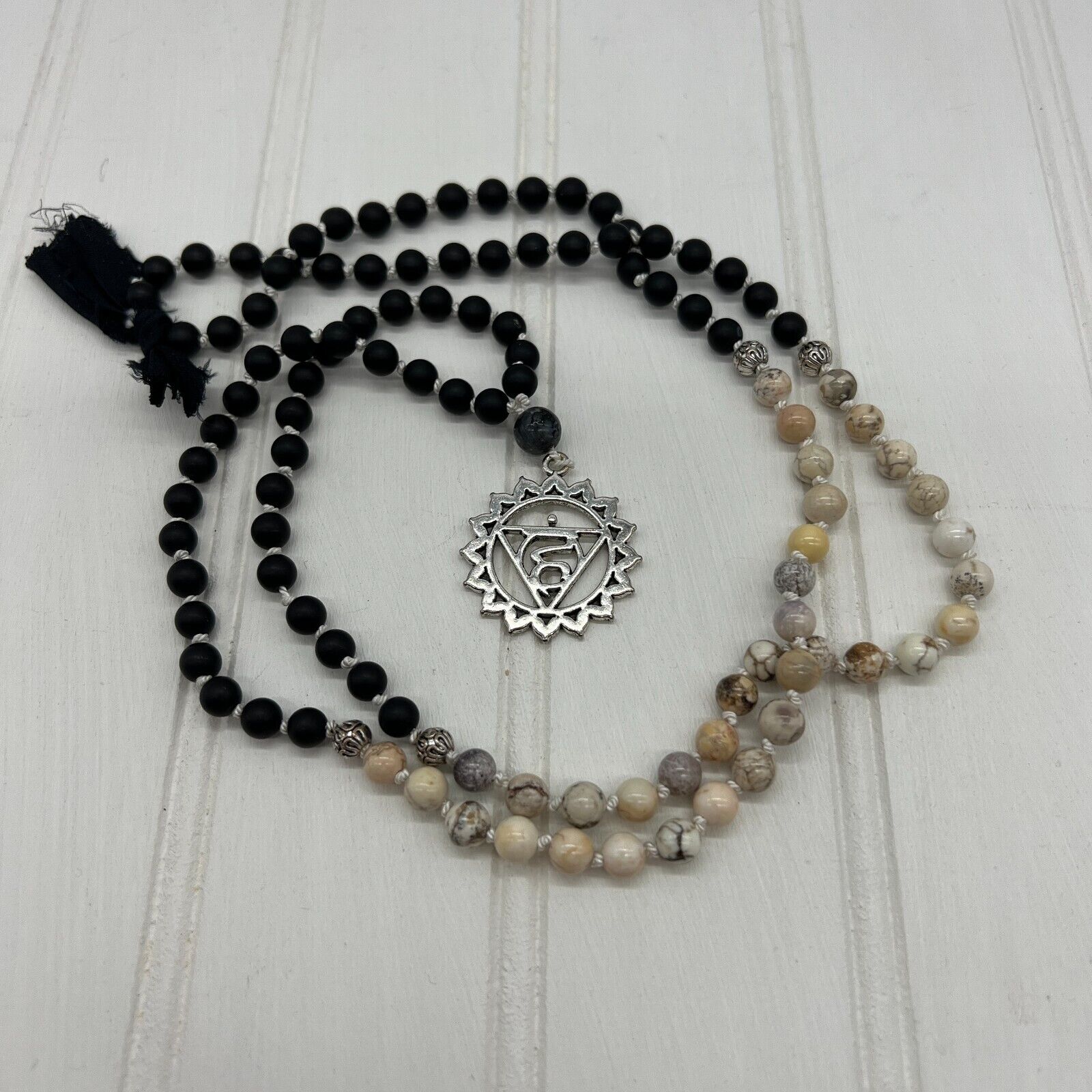 108 knot mala bead throat chakra black agate white turquoise moostone necklace