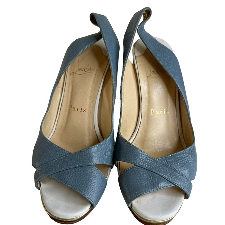 Christian Louboutin Teal Blue Leather Criss Cross Slingback Peep Toe Sandal US 5