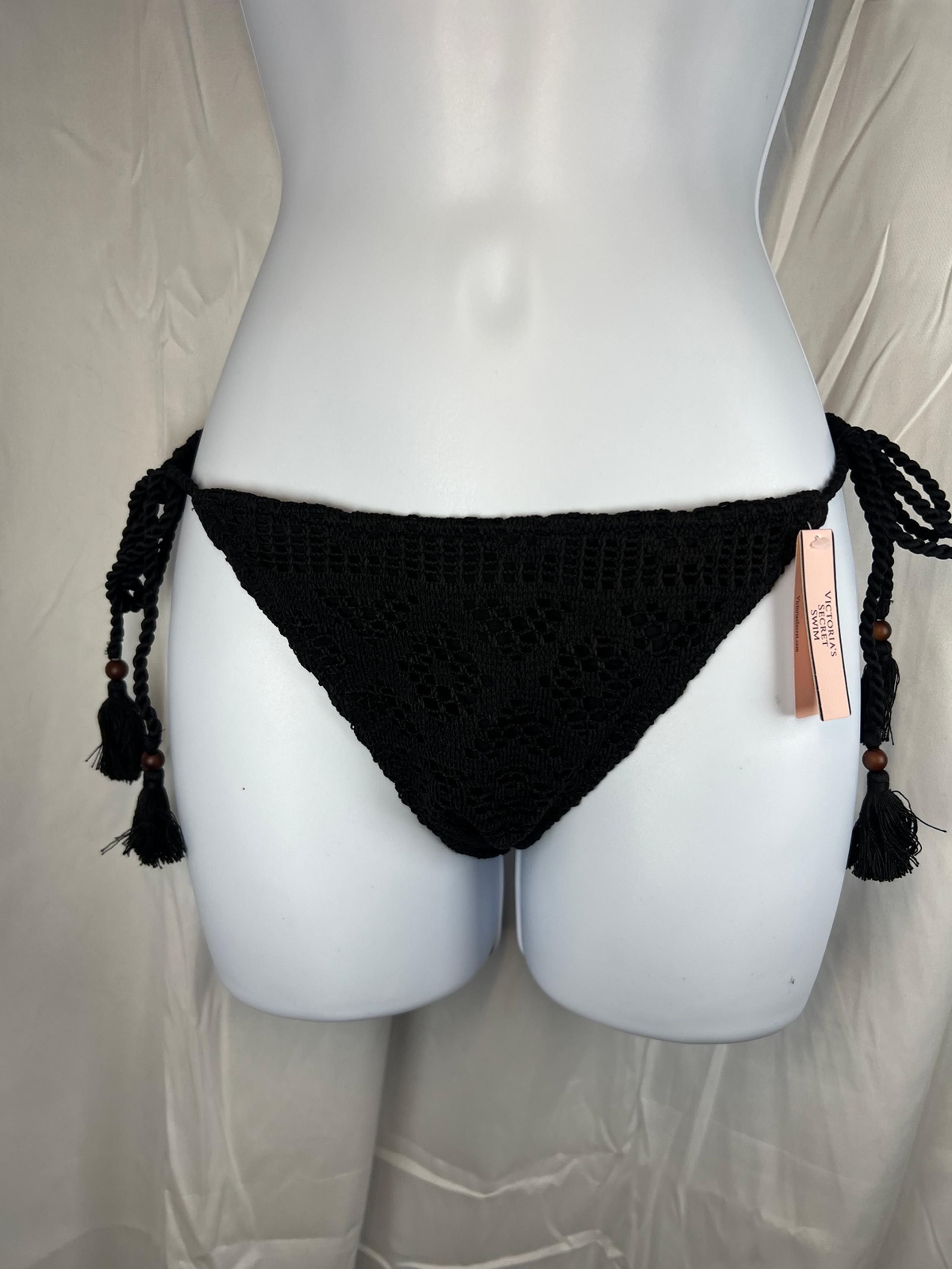 New Victorias Secret Classic String Side-Tie Black Crochet Lace Bikini Bottom L