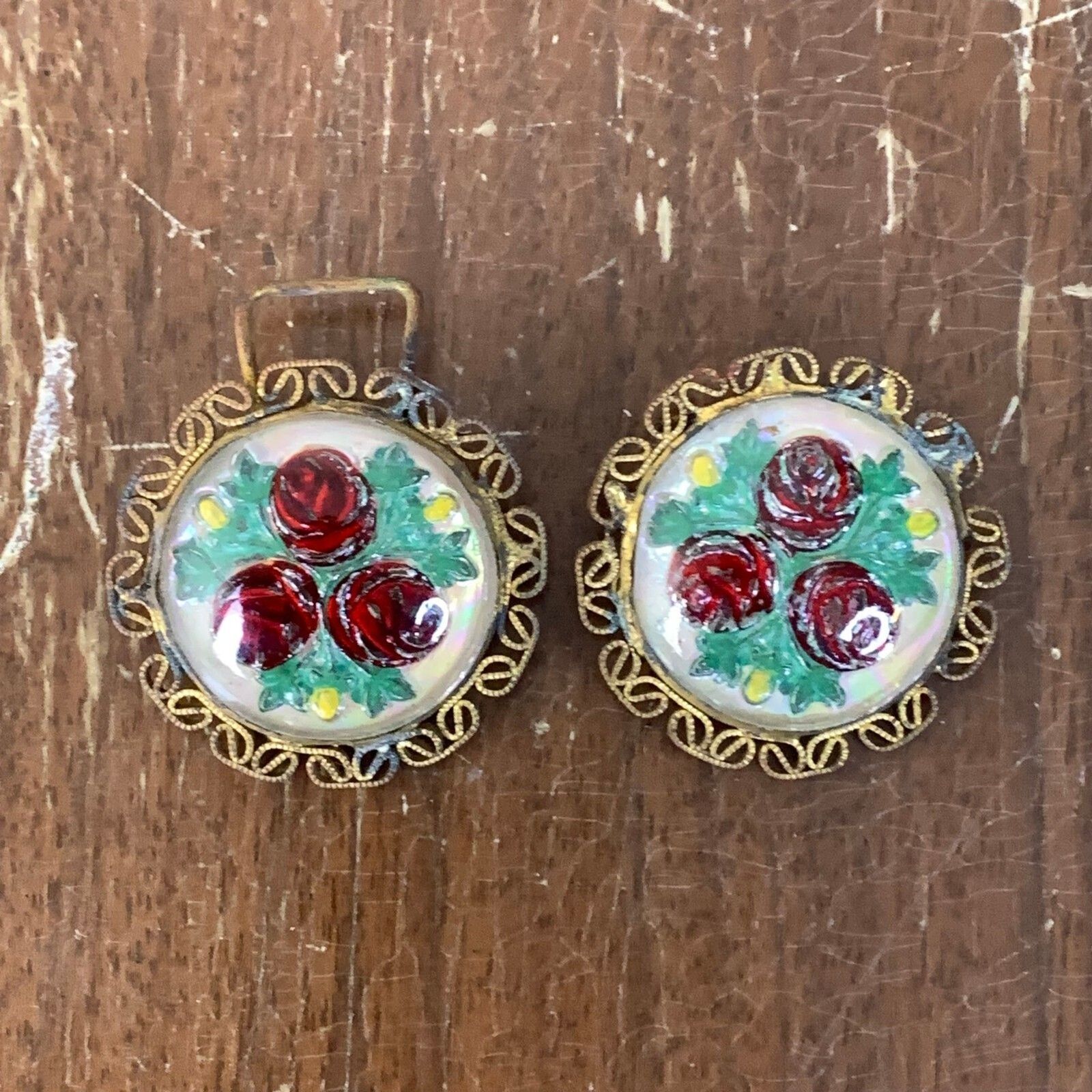 Pair (2) of Victorian Brass Red Rose floral Metal & glass intaglio scarf clips