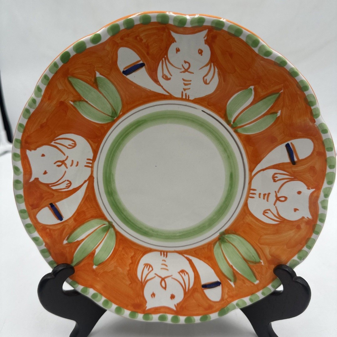 Vietri Sul Mare Handmade Italy Squirrel 8” Shallow Bowl/ Sm Plate Orange Green