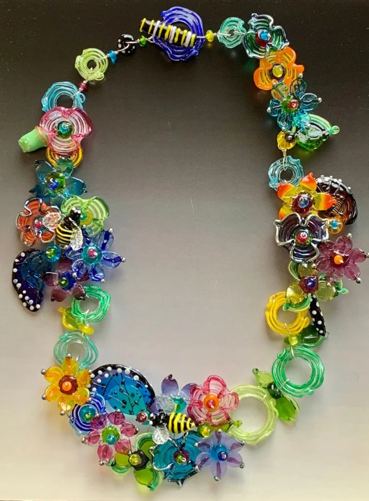 15*86-Bee & Butterfly Secret Garden Necklace XL: handmade glass lampwork beads