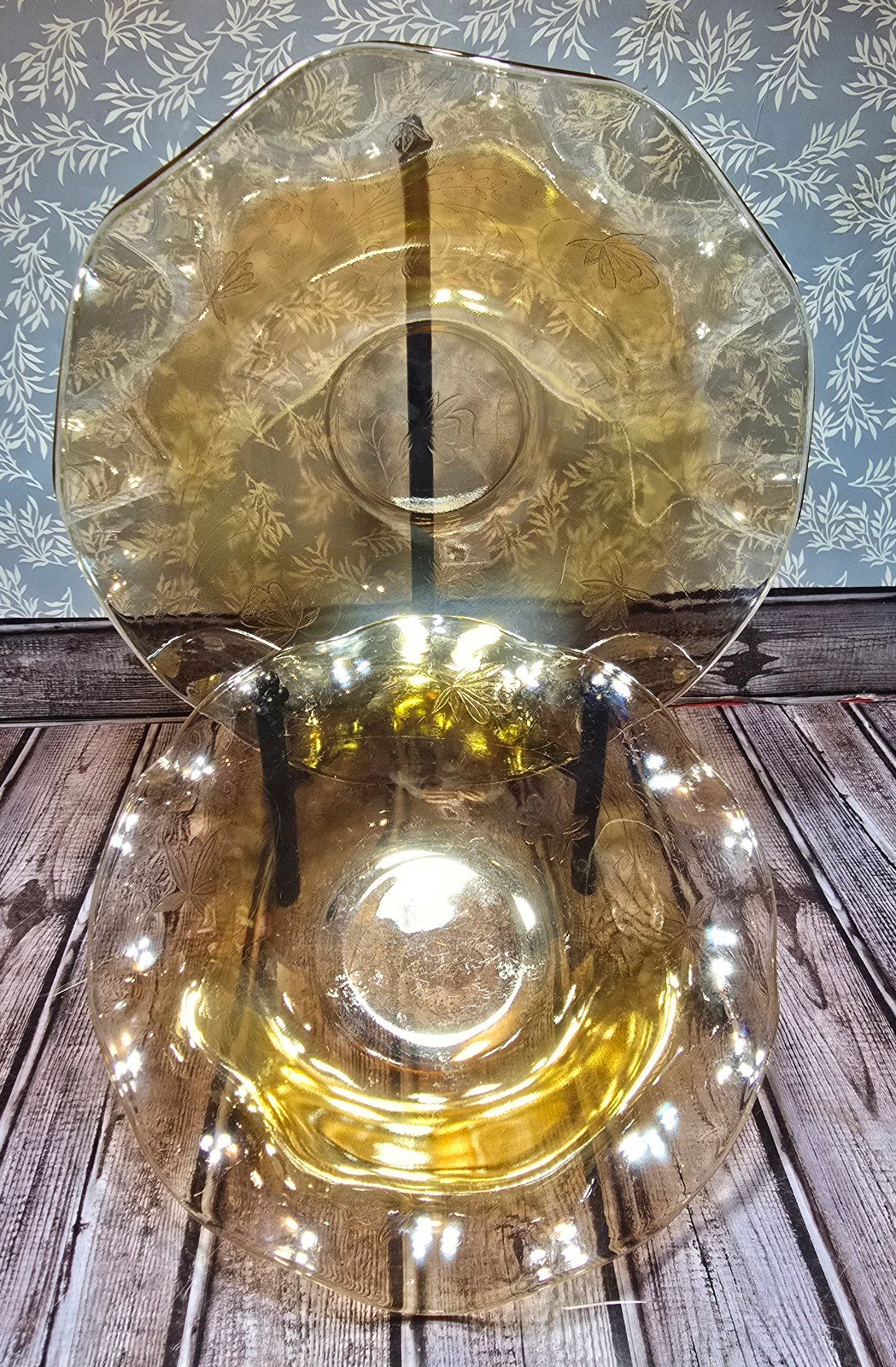 Marigold Etched Floral Carnival Glass Dish Ruffled Bowl Vntg Set Of 2
