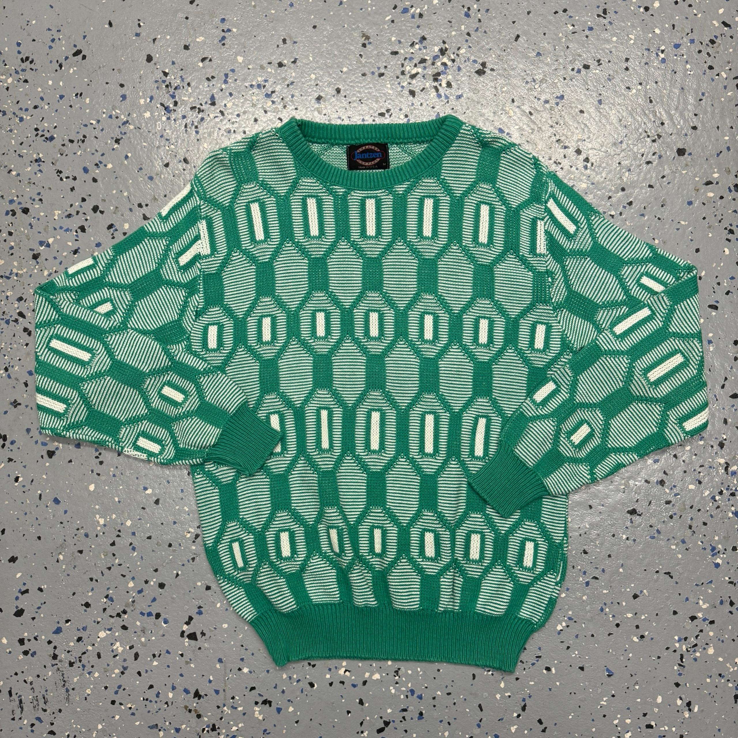 Vintage 90s Sweater Geometric Grandpa Style Crew Neck Mens M Made In USA - Jantzen