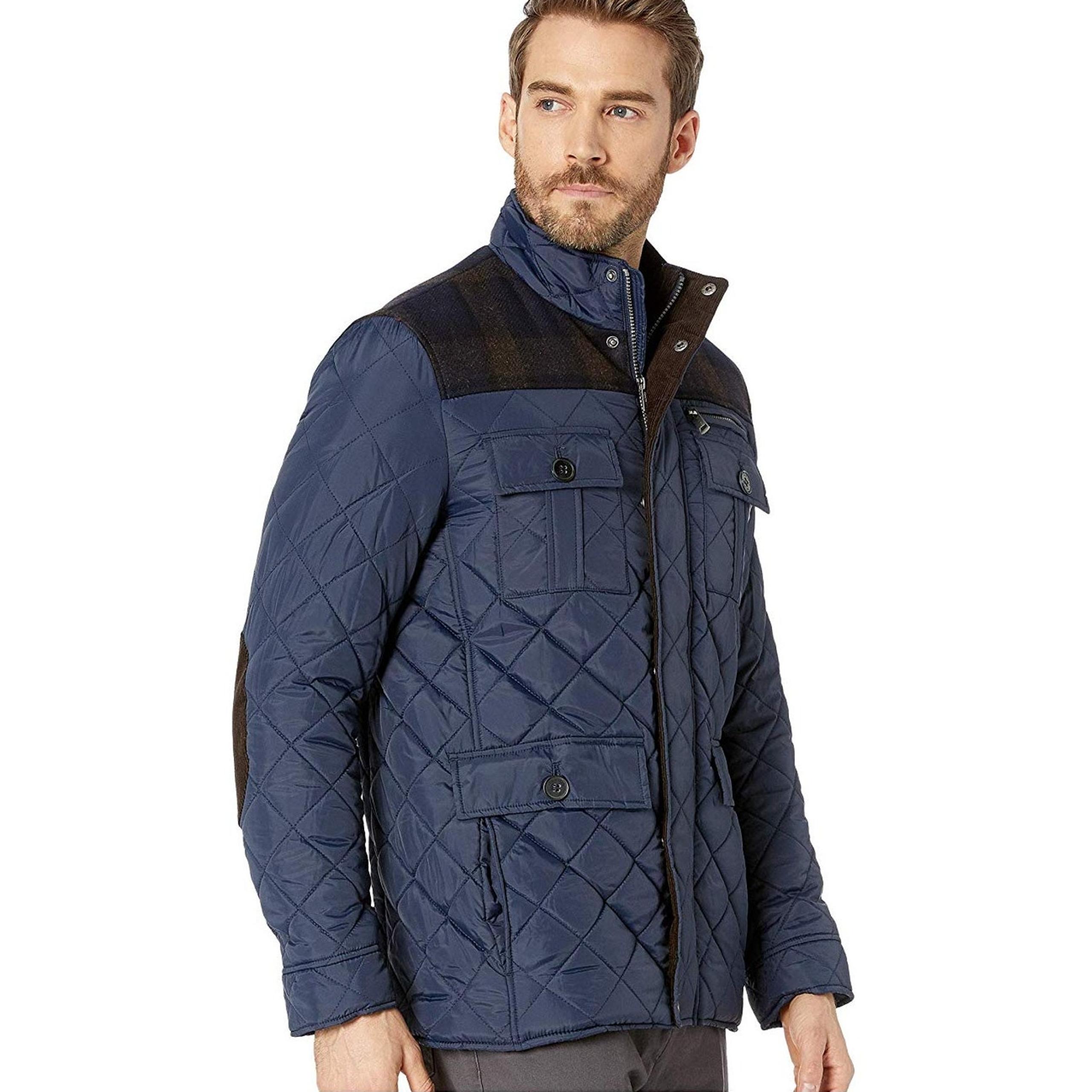 Cole Haan Quilted Jacket Navy Blue Mixed Media Elbow Patches Sz S Men's