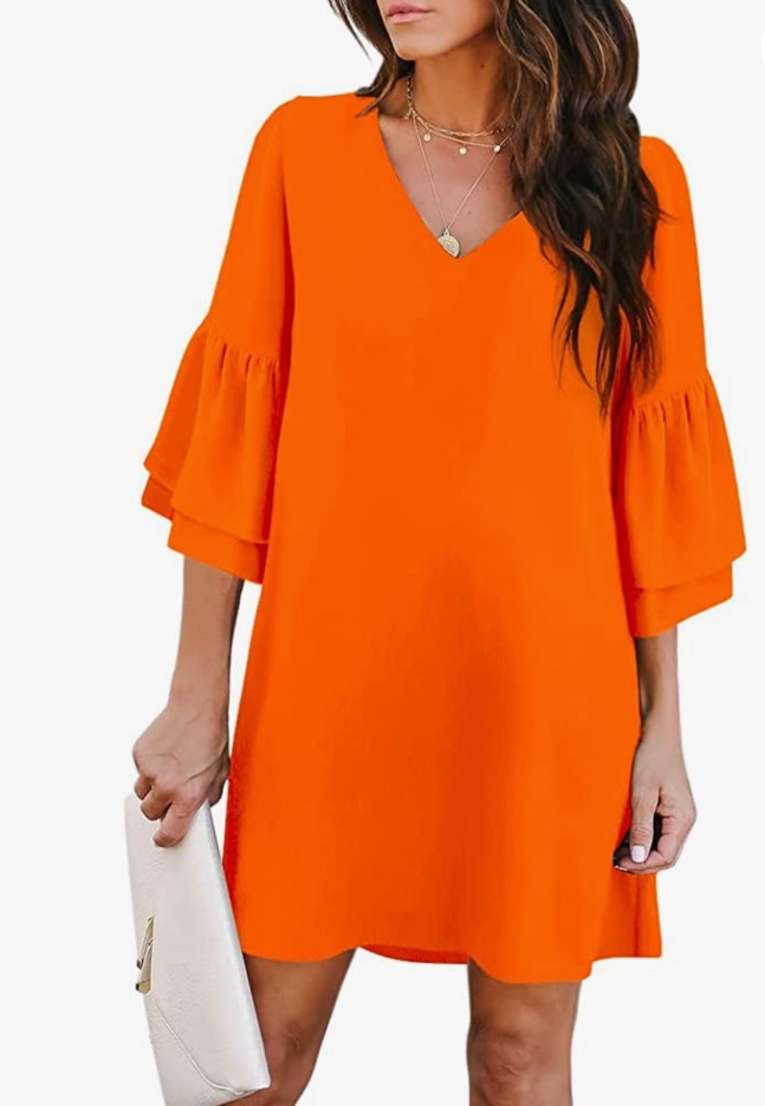 BELONGSCI Women's Dress Sweet & Cute V-Neck Bell Sleeve Shift Dress Mini Dress