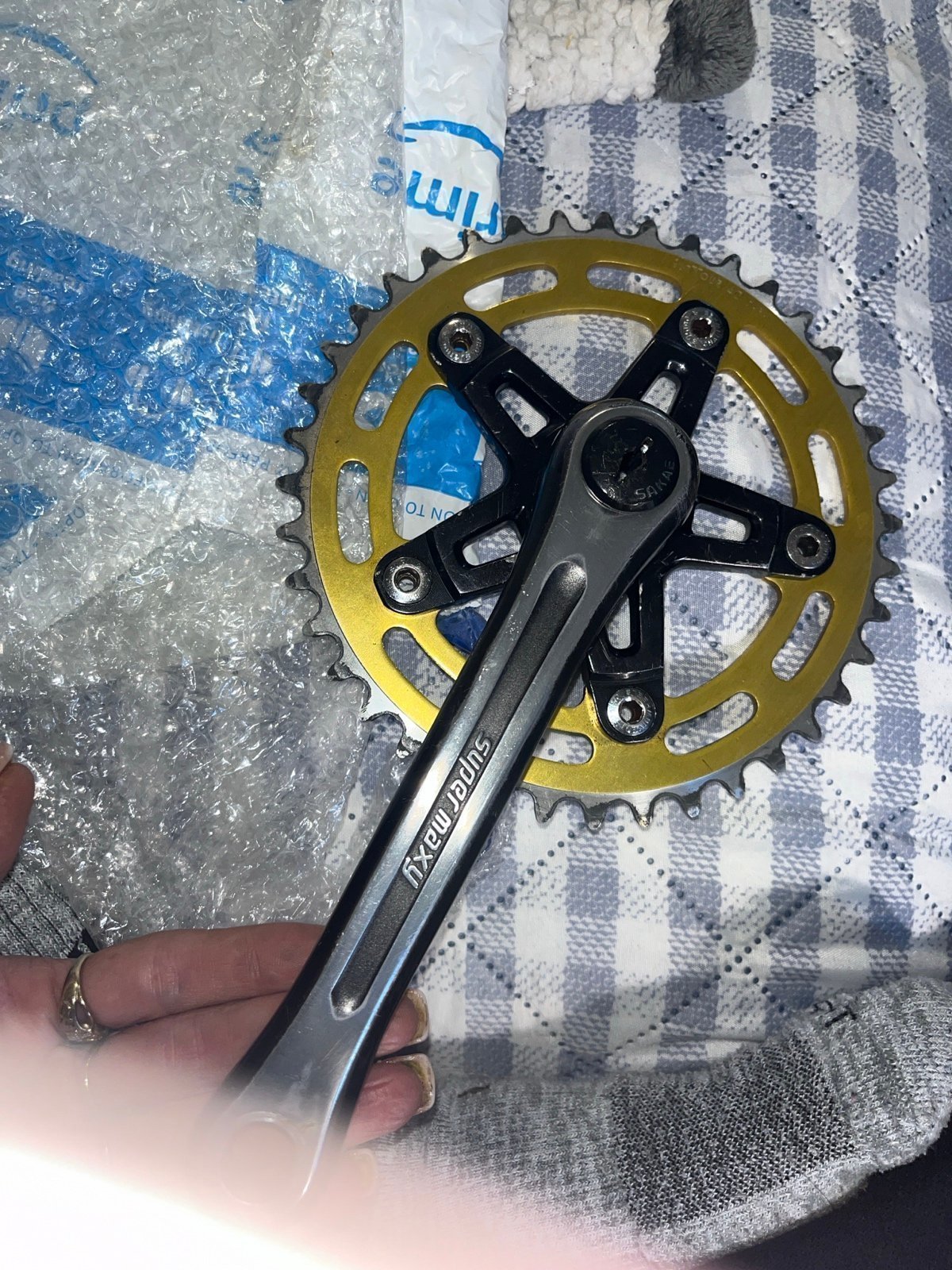 Sugino SUPER MAXY/Gold/Black #C-7/forged in Japan(c pics)/crank set/SUPER MAXY