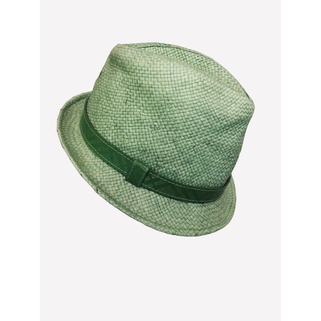 Light Green BURBERRY Fedora Style Woven Raffia Hat w/ Patent Leather Band Accent