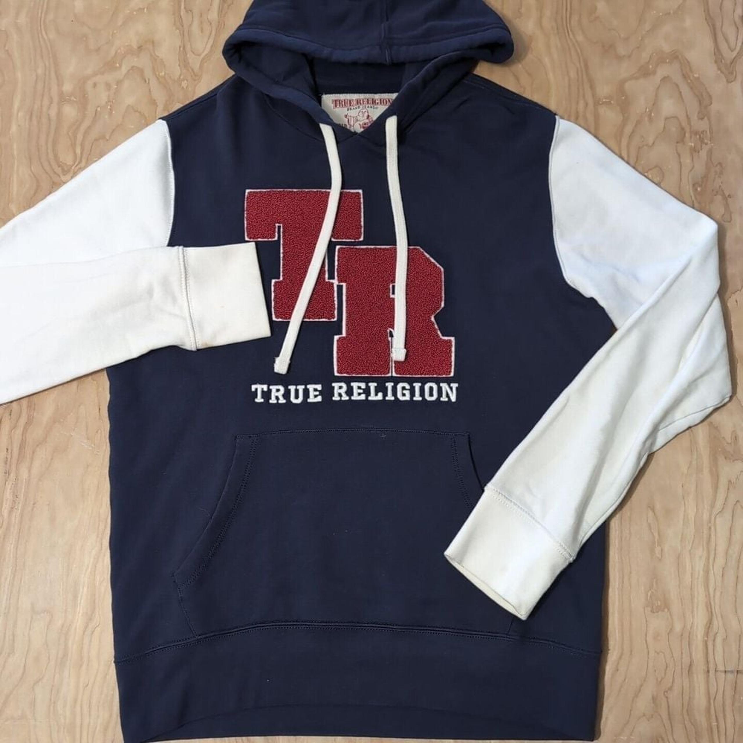 True Religion Chenille Patch Pullover Hoodie Sweatshirt Blue White Red Men's Med