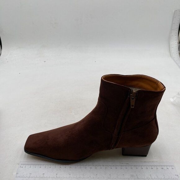 Brown Square Toe Low Chunky Heels Side Zipper Ankle Boots Formal Business Office