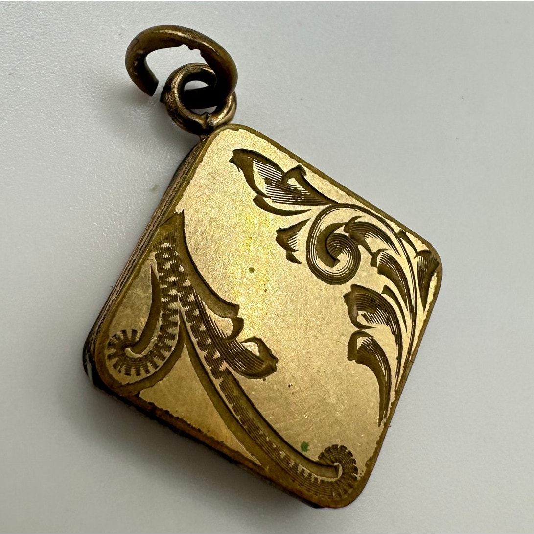 Antique Victorian rose gold filled etched square locket pendant charm with photo