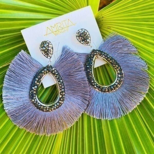 Caviar stoned earrings with fanned out fringe
