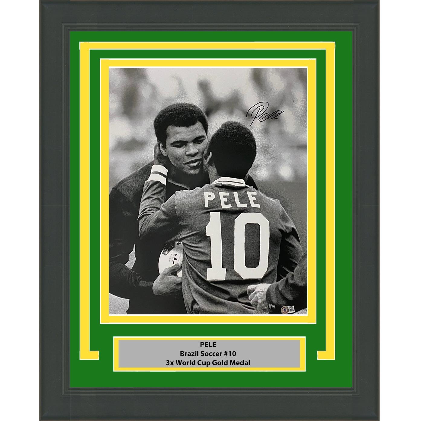 Framed Autographed/Signed Pele Brazil Soccer Futbol 16x20 Photo with Muhammad A