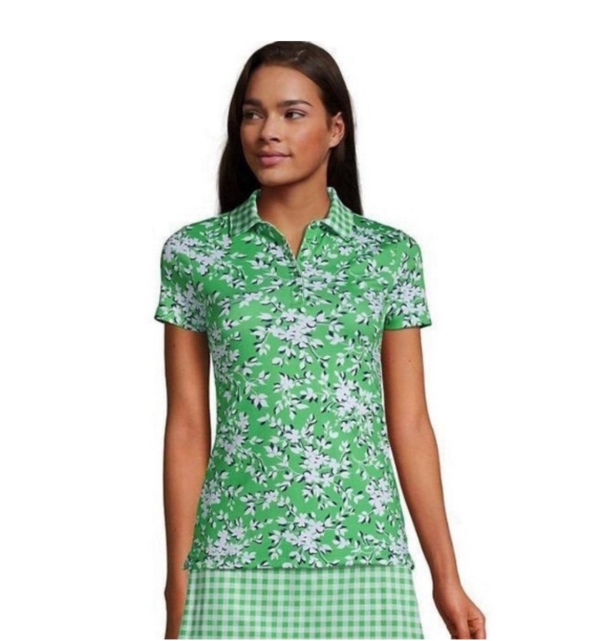 NWT, Draper James x Lands End Polo Green Floral Summer Sateen Stretch, Sz M