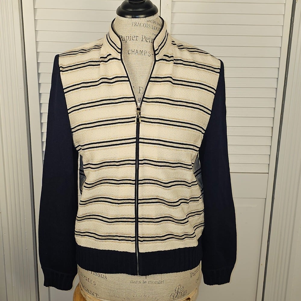 St John Collection Marie Gray Womens Navy Cream Gold Full Zip Cardigan Sweater 6
