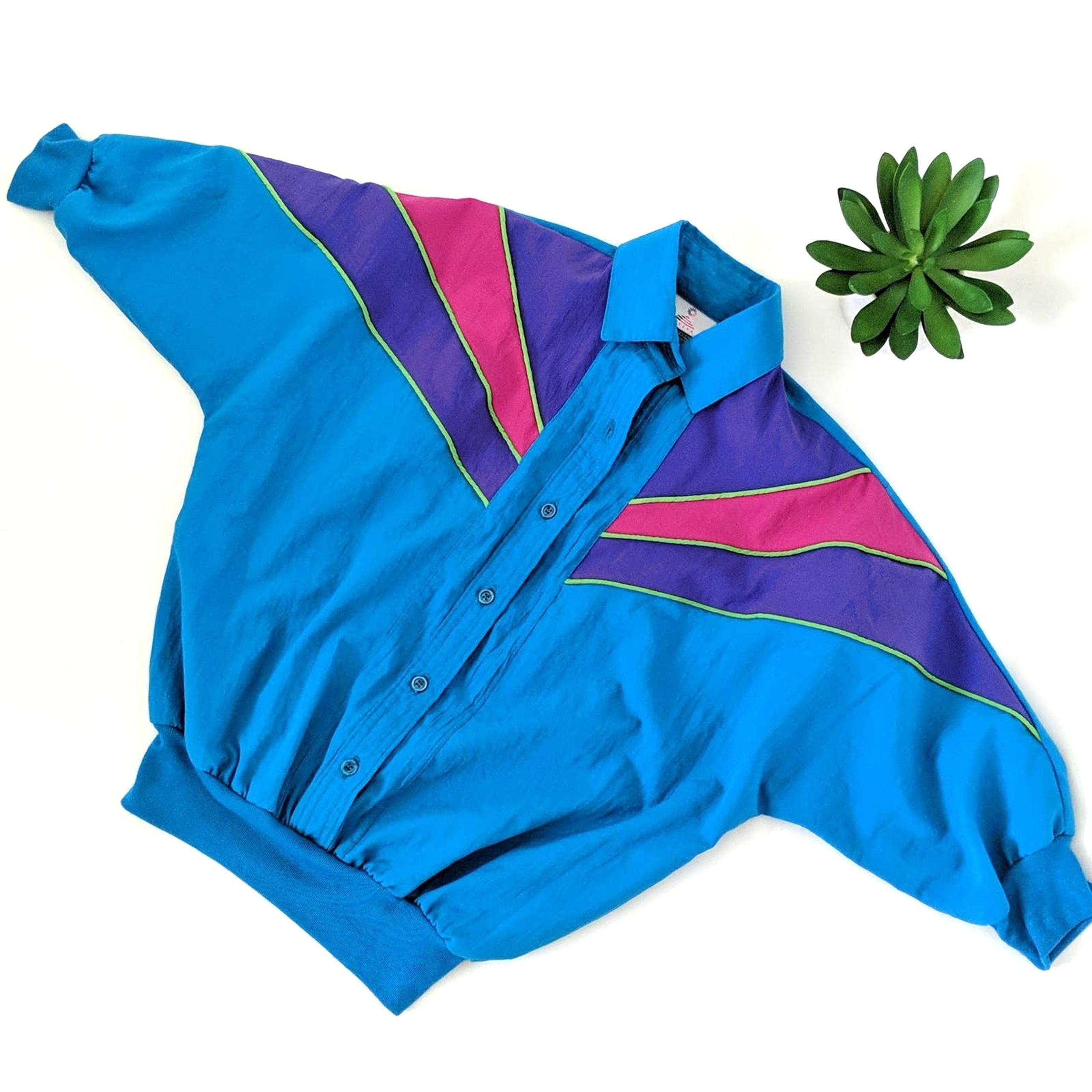 Vintage 80s 90s Color Block Windbreaker Shirt Tracksuit Blue Pink Top Small