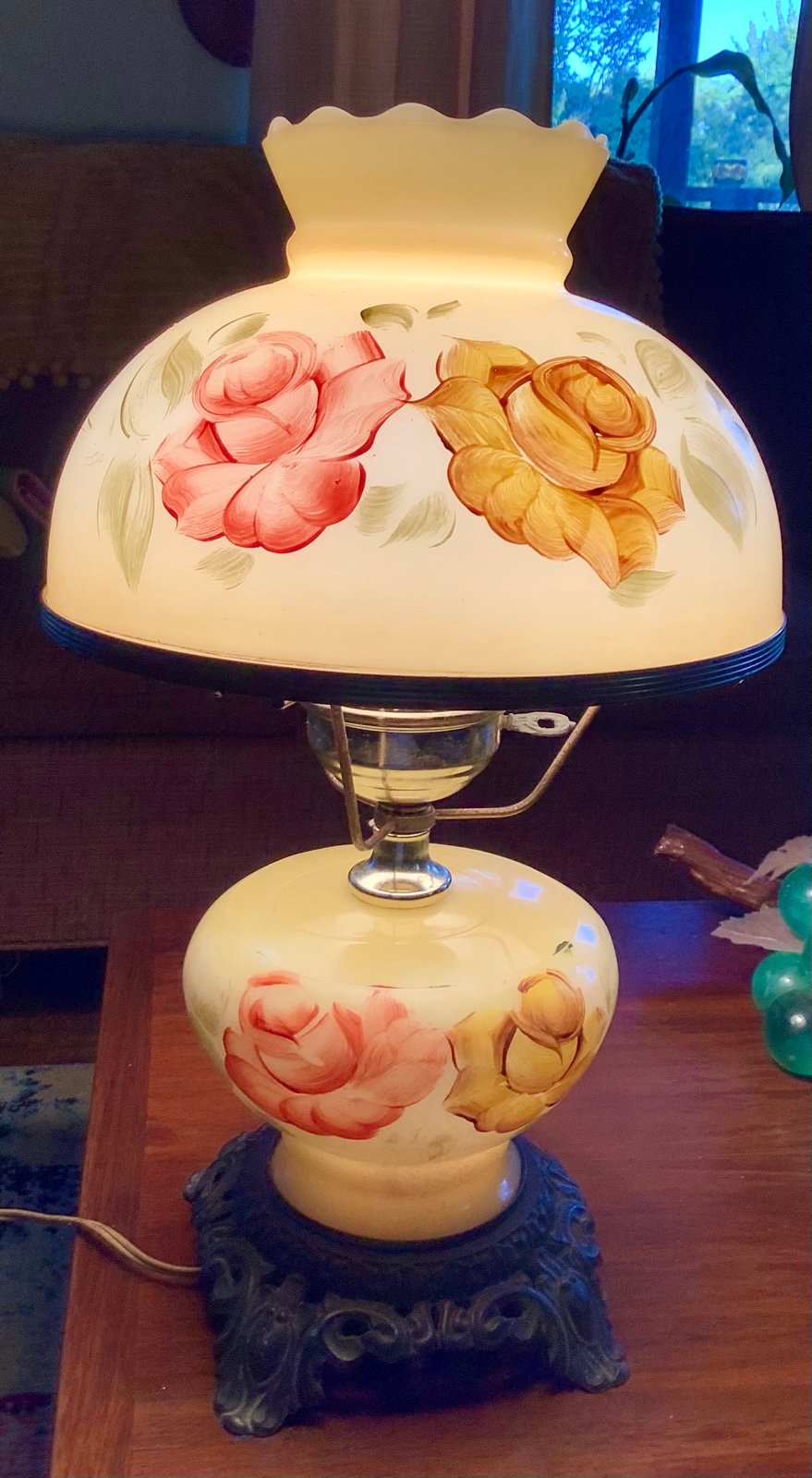 Victorian Gone With the Wind Hurricane Amber Double Globe Rose Parlor Lamp vtg