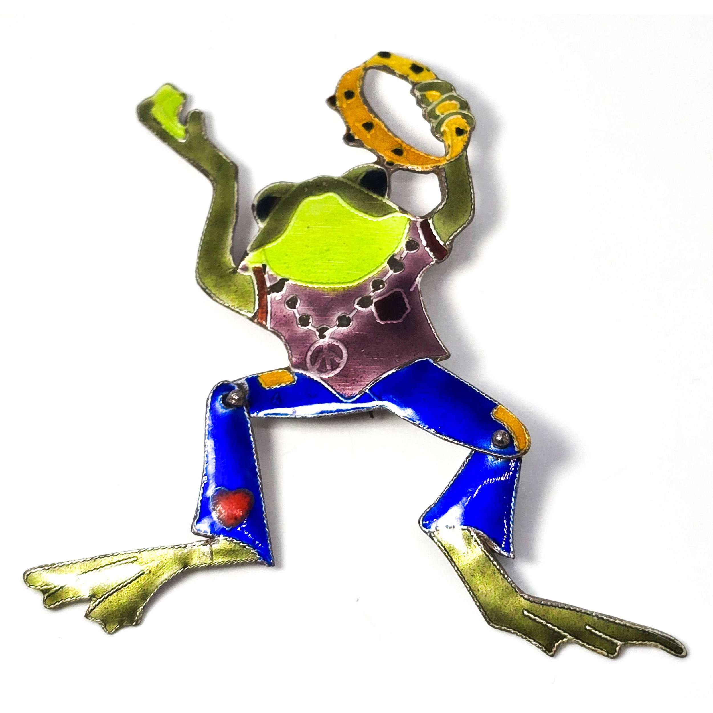 Dancing tambourine hippy articulated whimsical vintage sterling silver frog pin