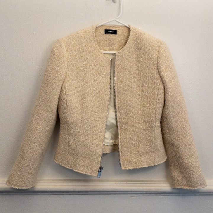 Theory Belle Tweed Peplum Jacket Cream Wool Blend Zip Front Size 4 Classic Fit