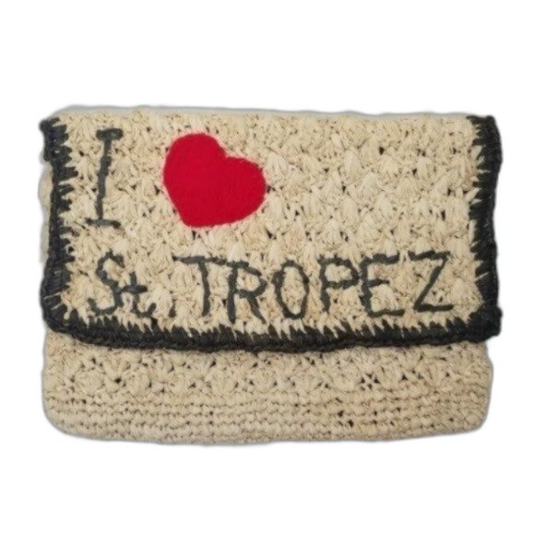 Mua Mua clutch I Love St. Tropez straw red yarn heart vacation resort Bali