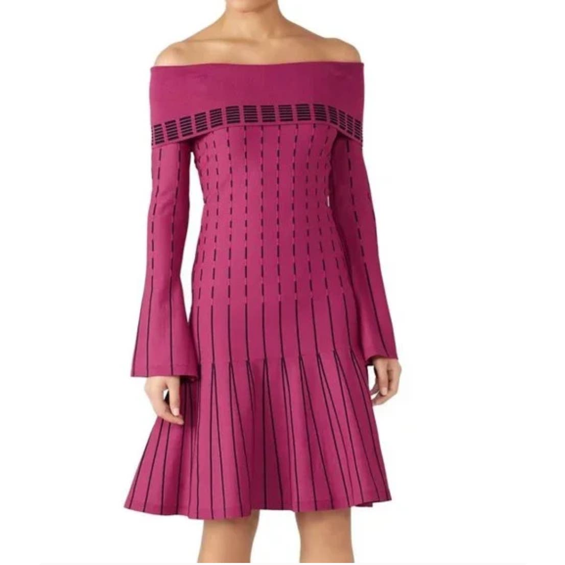 Prabal Gurung Collective Stripe Off The Shoulder Dress Knit Raspberry