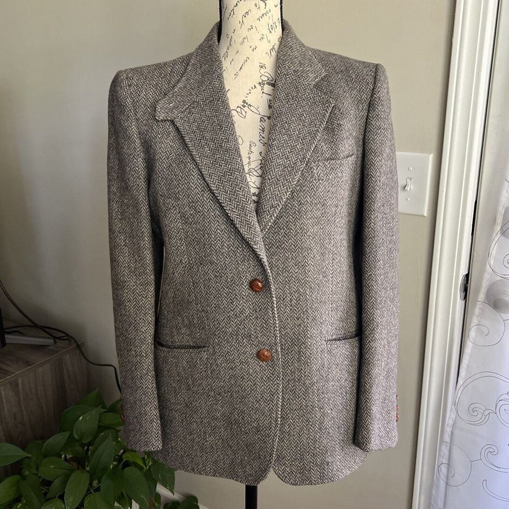 Vintage Women's Wool Blazer Gray Herringbone Sz 14 Elbow Patch Made In Hong Kong