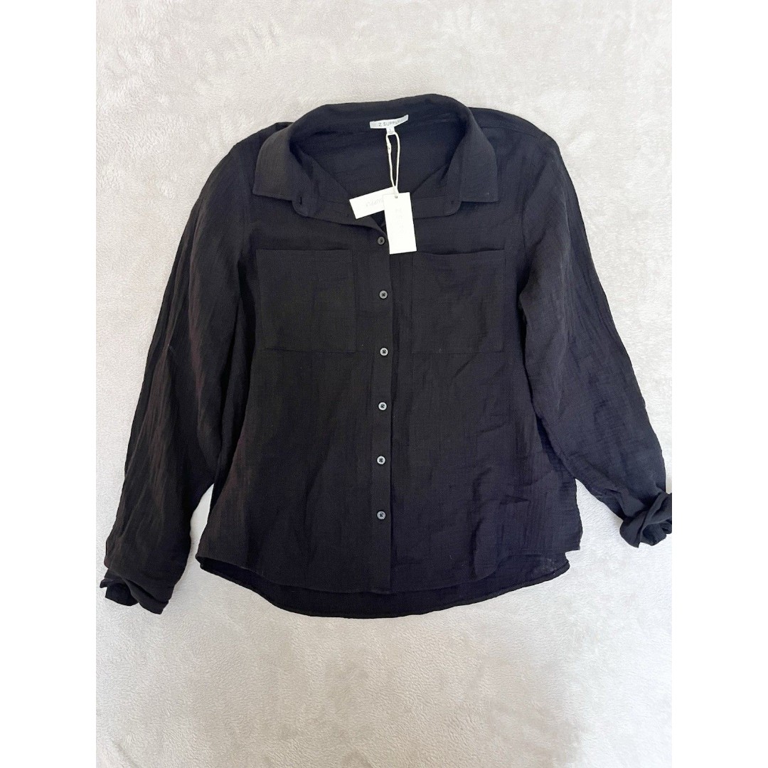 NWT Z Supply Womens L Black Kaili Button Up Gauze Top Gauzy Cotton Beachy Boho