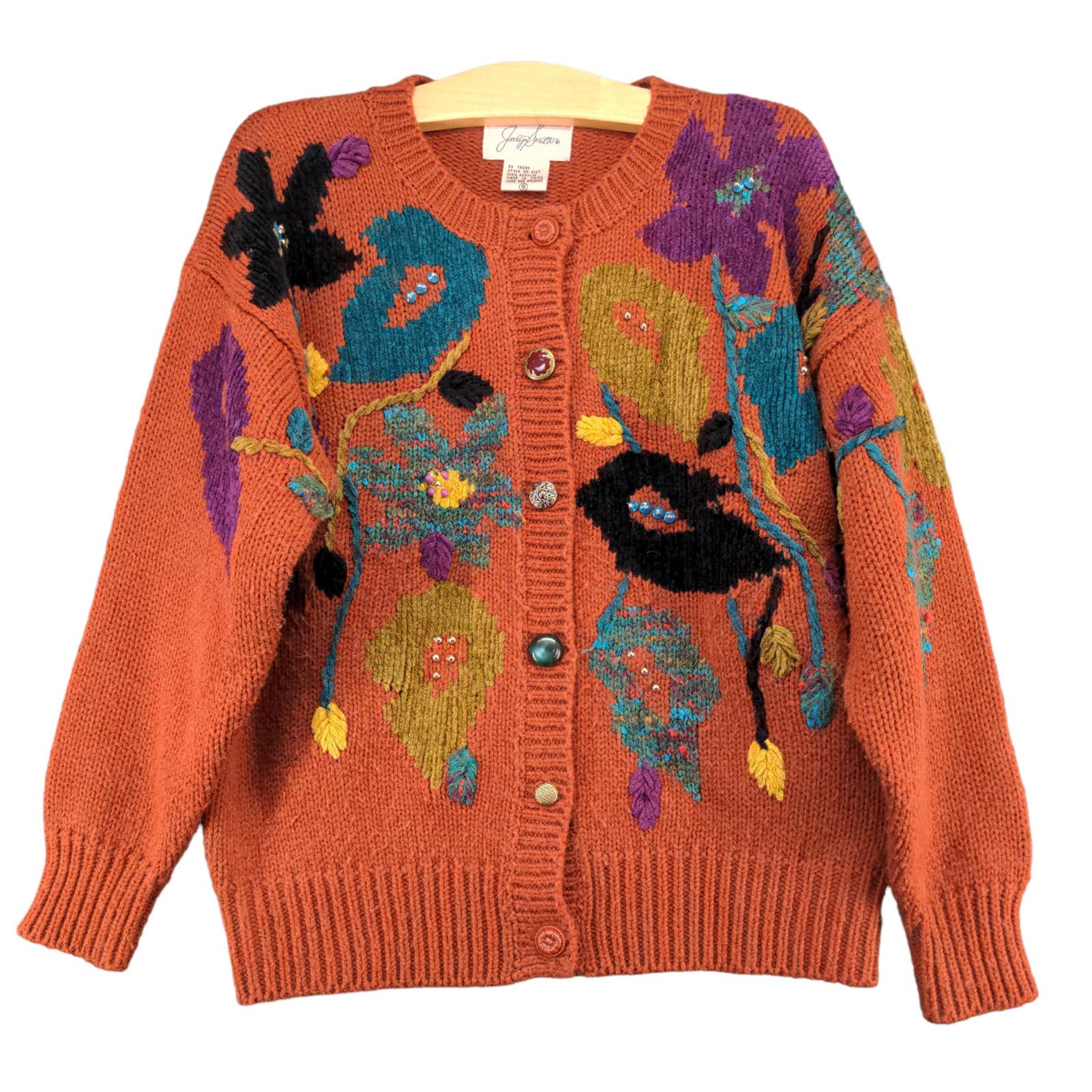 Jaclyn Smith Womens Knit Cardigan Sweater Brown Small Long Sleeve Floral Fall