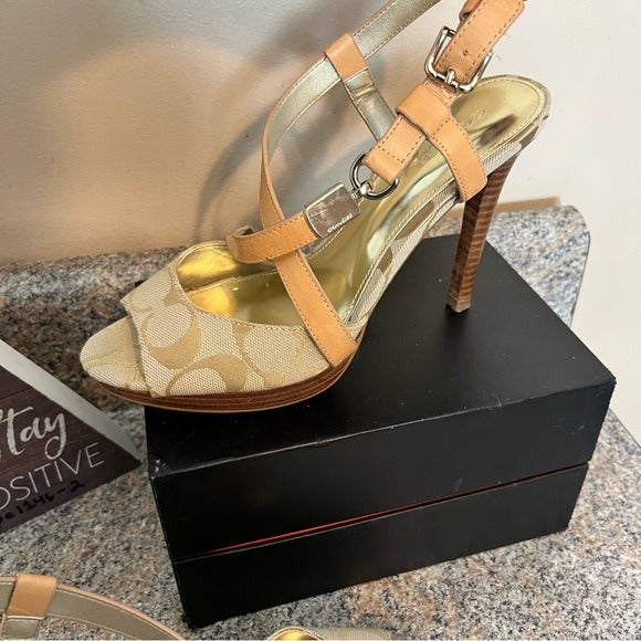 Coach Wendelle Womens Gold and Beige Ankle Strap Open Toe Heel Size 6.5 B GUC