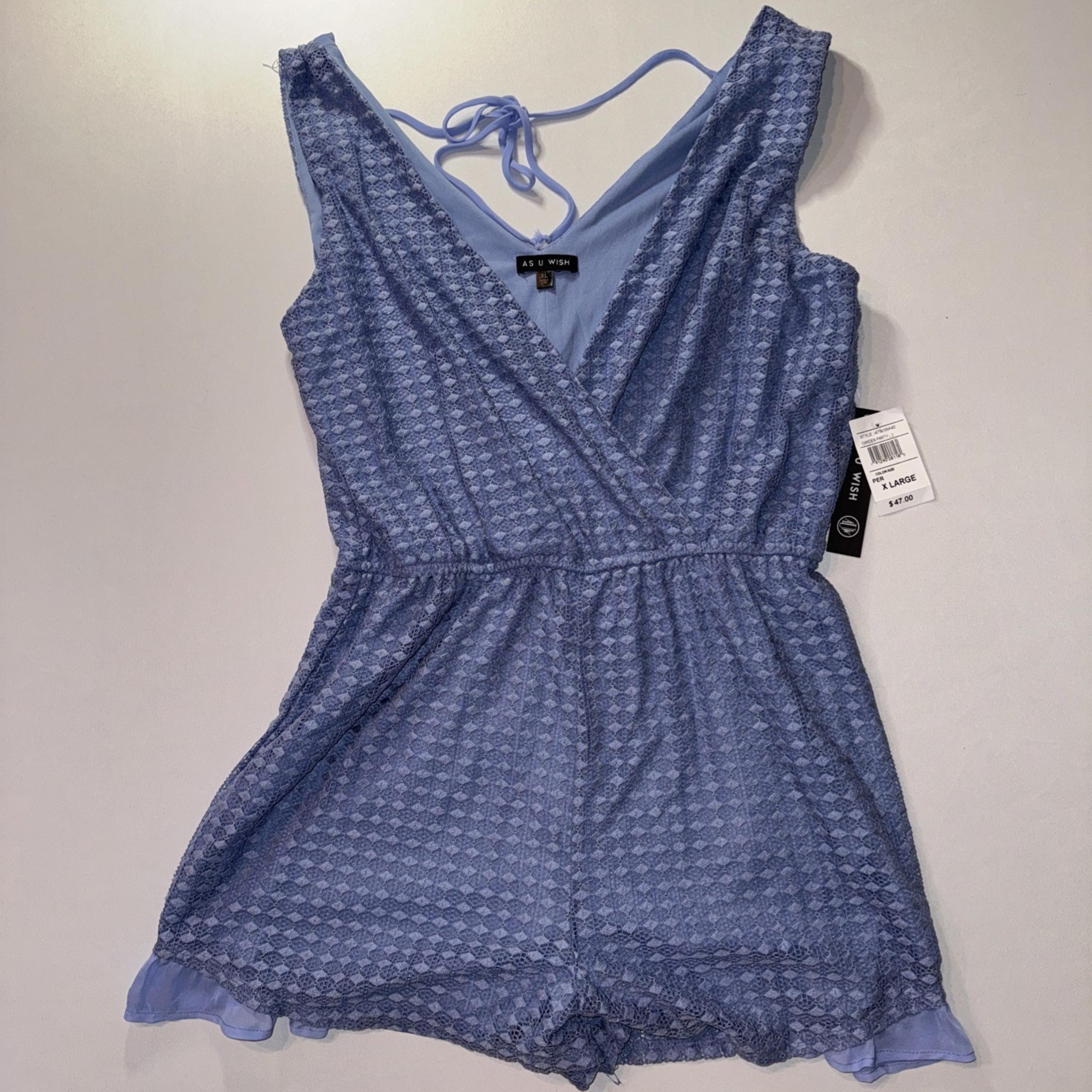 As U Wish Women's Periwinkle Embroidered Lace Short Romper, Size XL, Preppy, Y2K