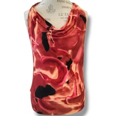 Silk Red And Black Marbled Cowl Neck Open Back Halter Top - Size Medium