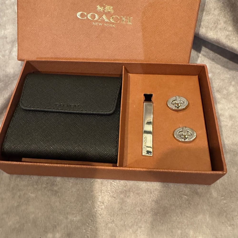 Coach cuff link and tie bar gift box set.