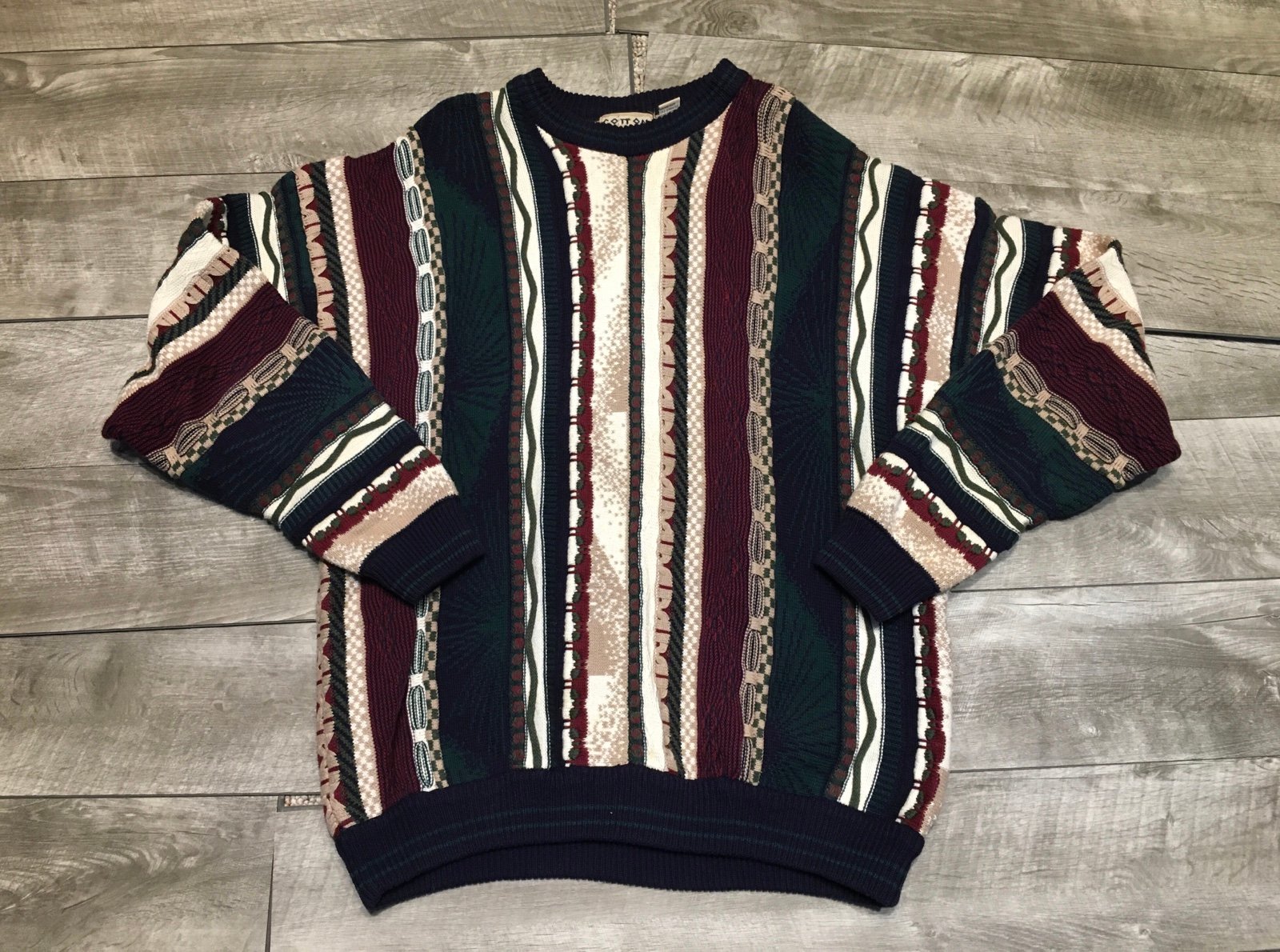 Vintage Cotton Traders 3D Knit Mens Multicolor Coogi Style Sweater Size Large