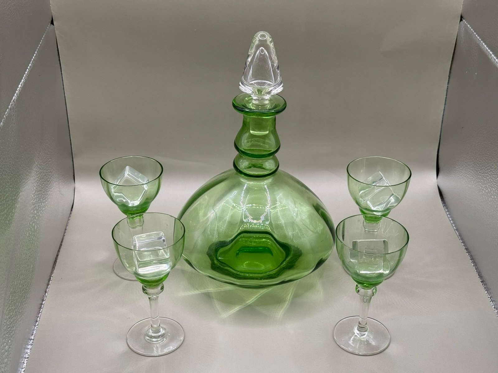 French Art Nouveau Green And Clear Decanter & Glasses Liquor Or Absinthe Set