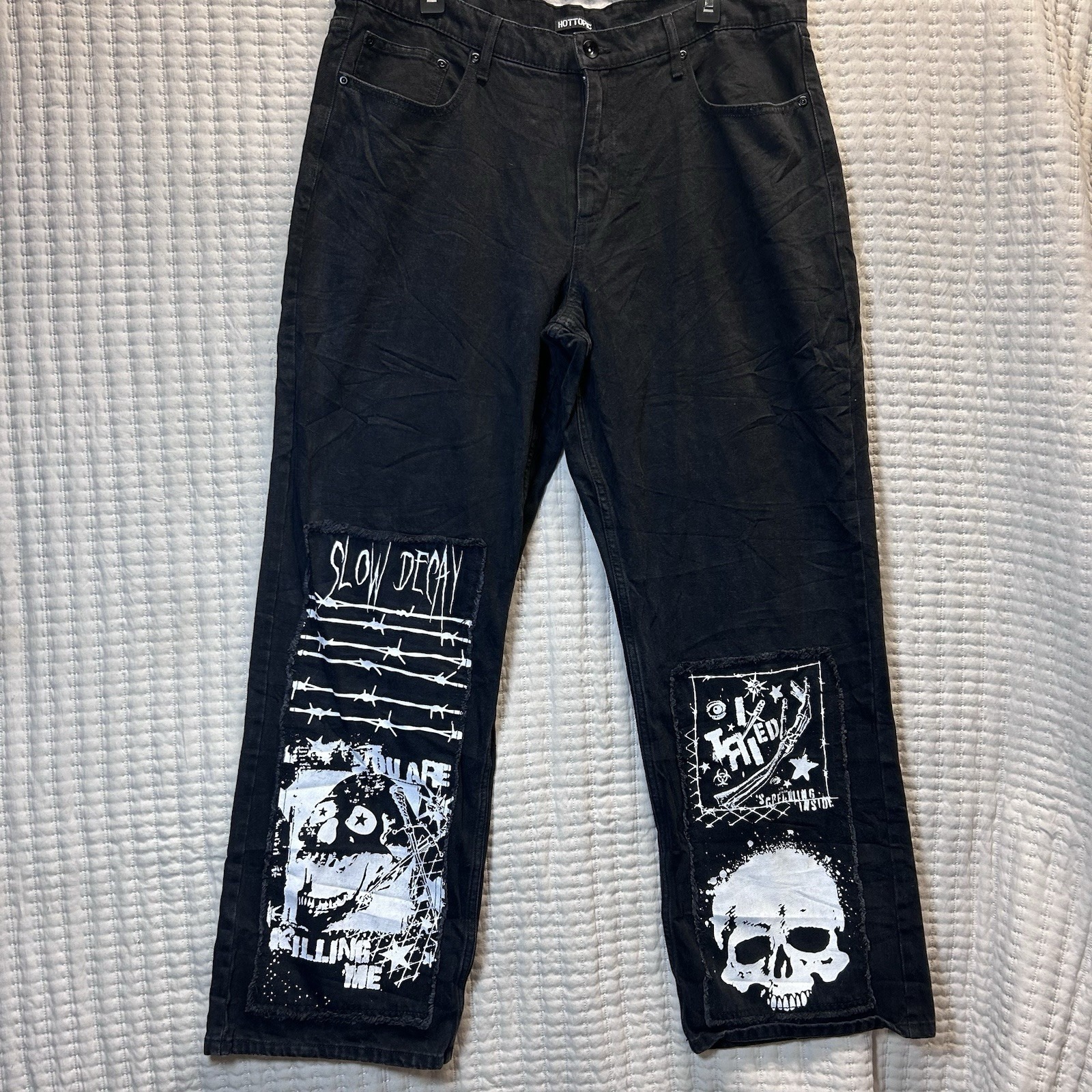 Hot Topic Men Jeans 38x32 Black Y2K Grunge Skate Punk Patch Wide Leg Baggy