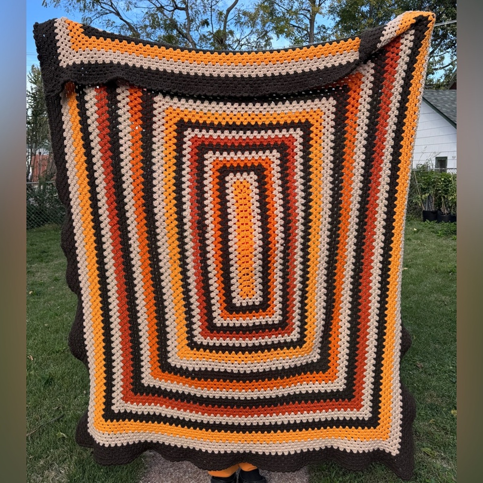 VTG Afghan Crochet Throw Blanket colorful brown and orange