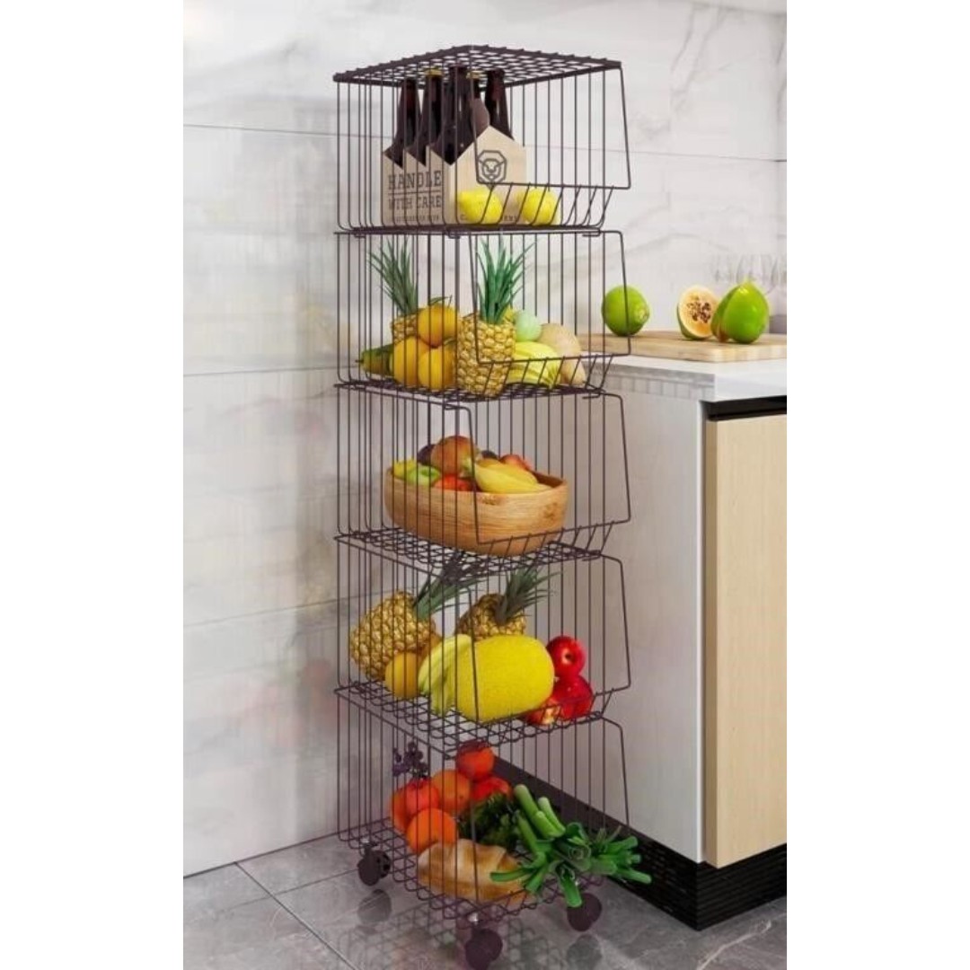 BENOSS Metal Fruit Basket w/Wheels Fruit &Vegetable Storage 5pc Stackable Bins