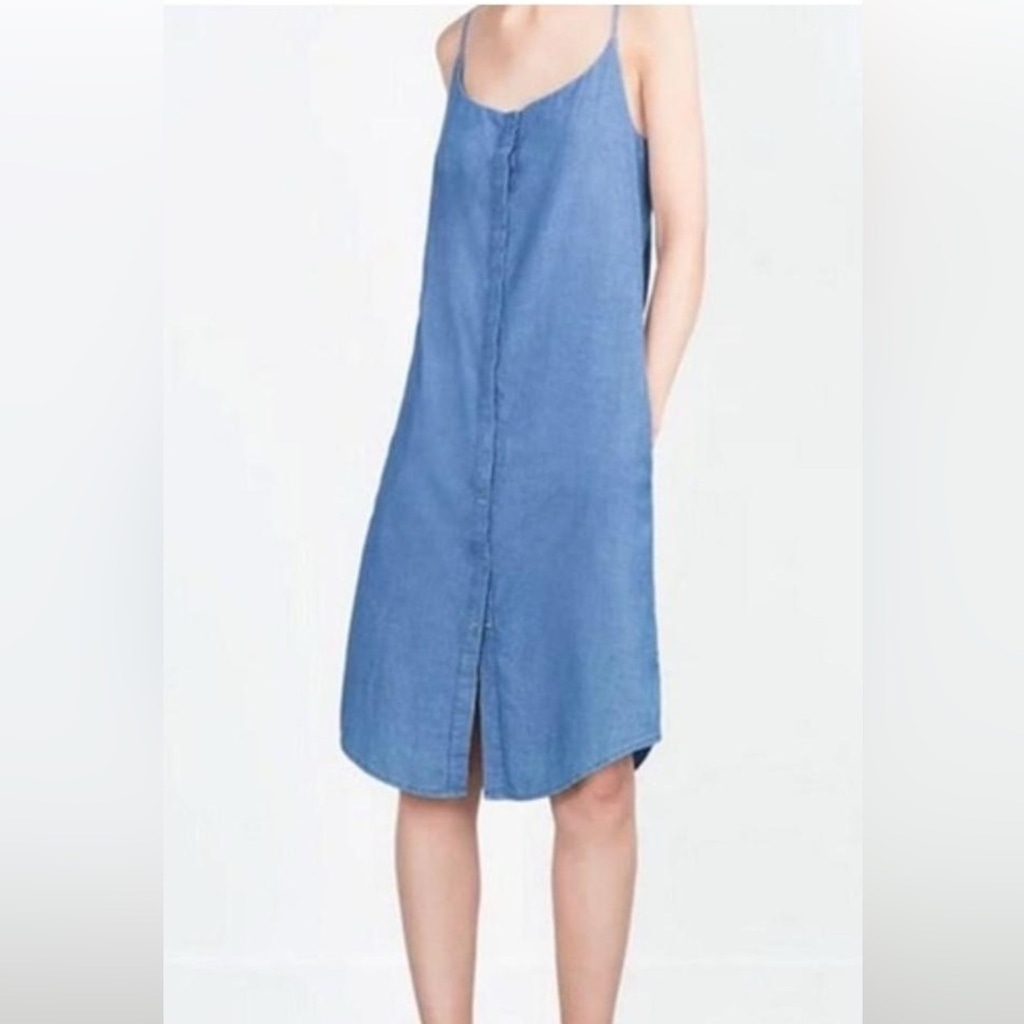 18. Zara Trafaluc Blue Midi Sundress Spa'ghetti Strap Casual Denim Dress Size XS