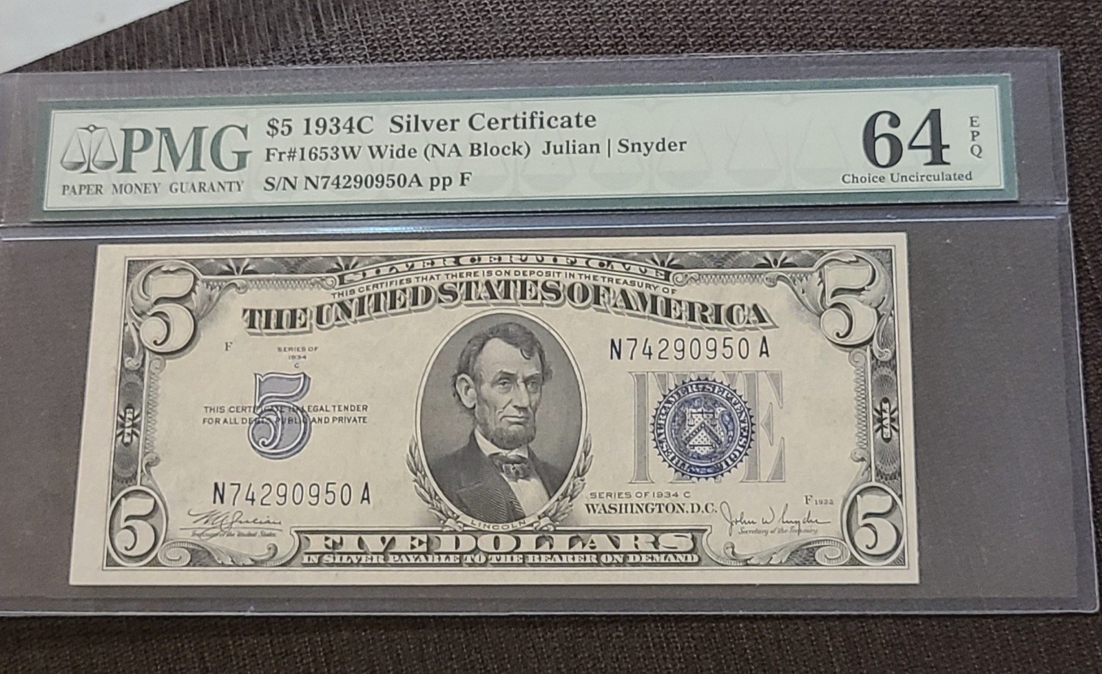 1934 C 5 silver certificate pmg 64