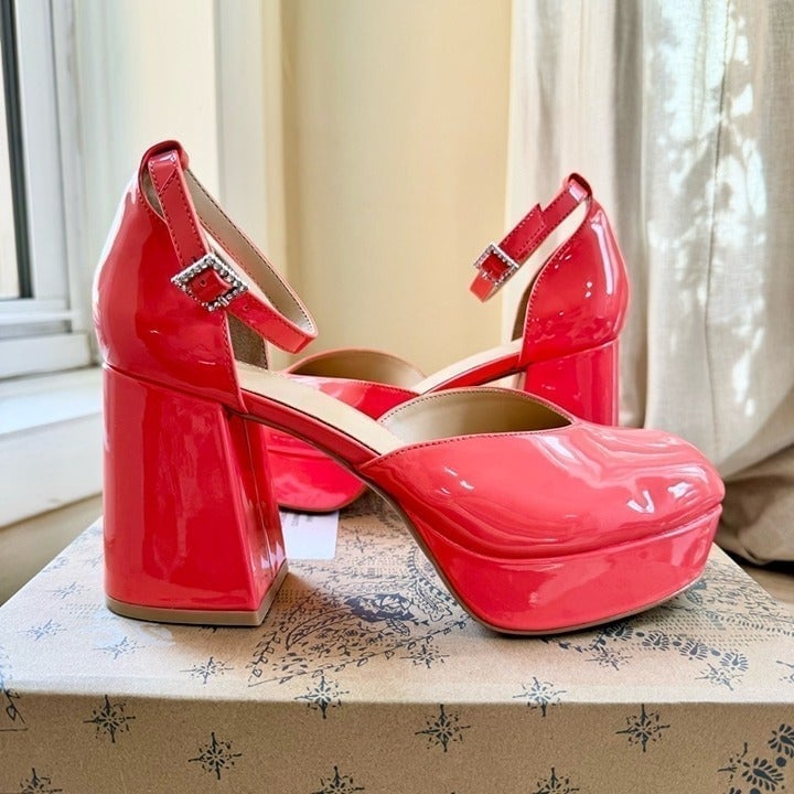 Urban Outfitters Platform Heels Patent Neon Barbie Pink Block Heel Ankle Strap