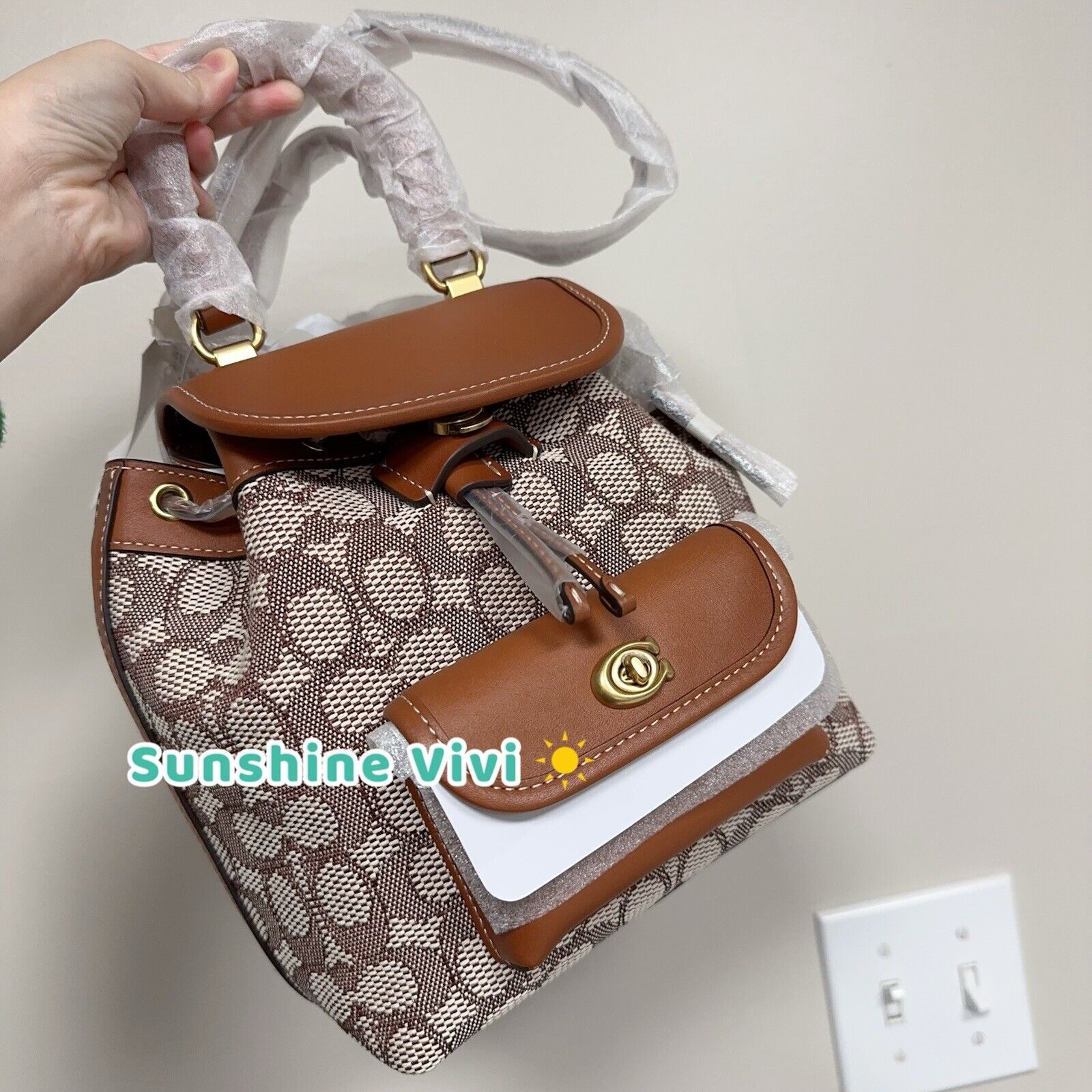 NWT 495 COACH Riya Backpack 21 Signature Textile Jacquard Brown Leather CH591