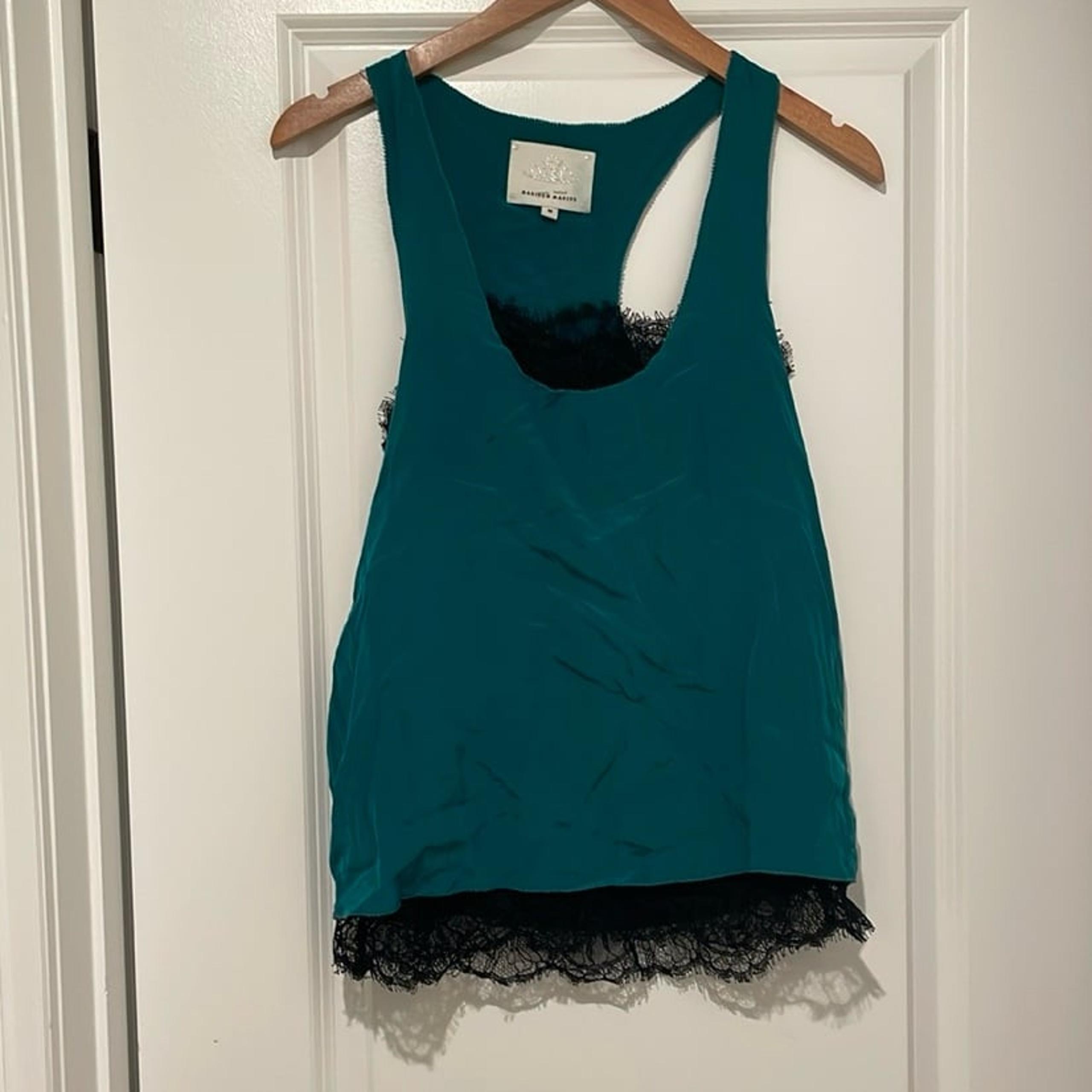 Teal silk Top with Black Lace Detail medium - Madison Marcus