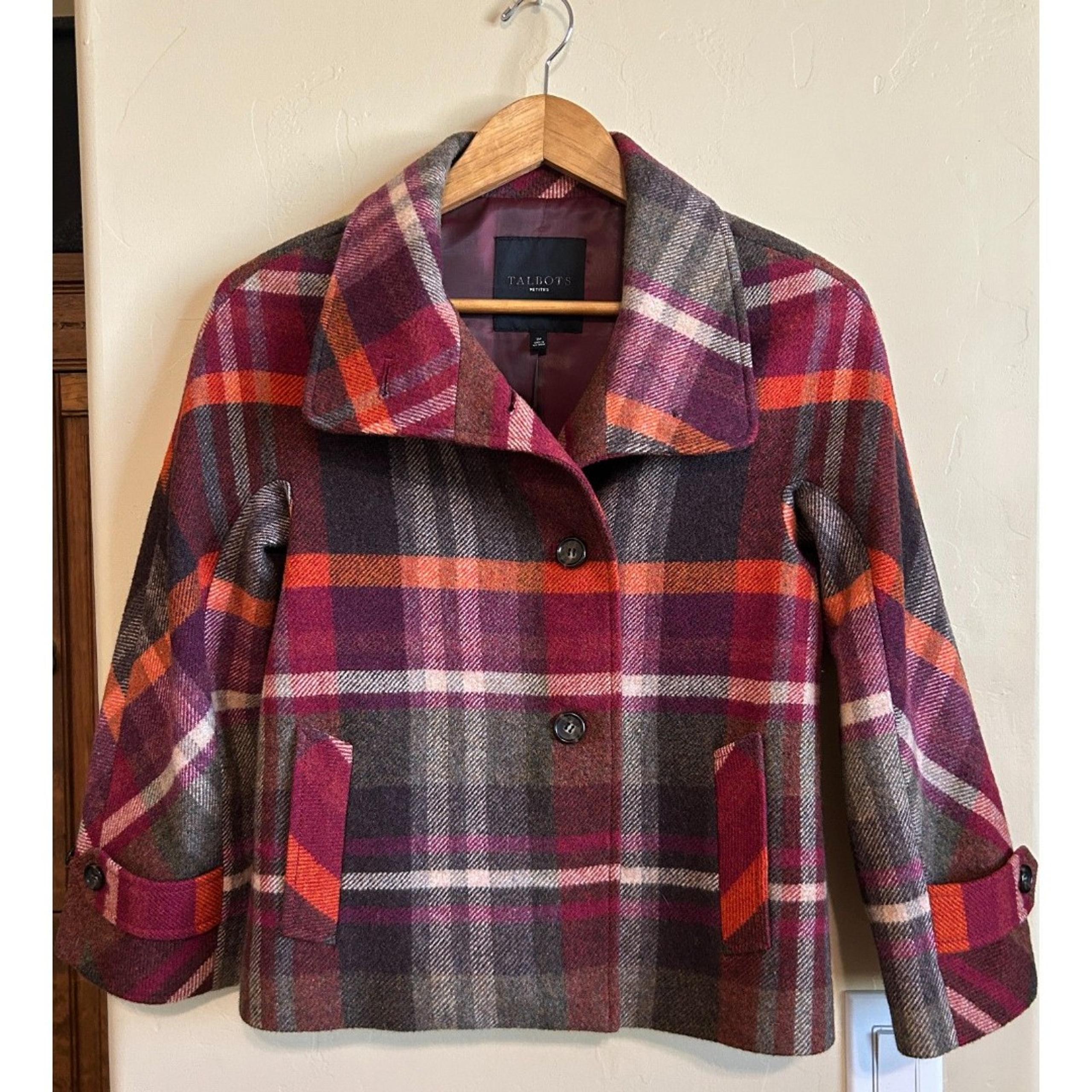 Talbots Plaid Wool Pea Coat Jacket Orange Purple Gray size 2P